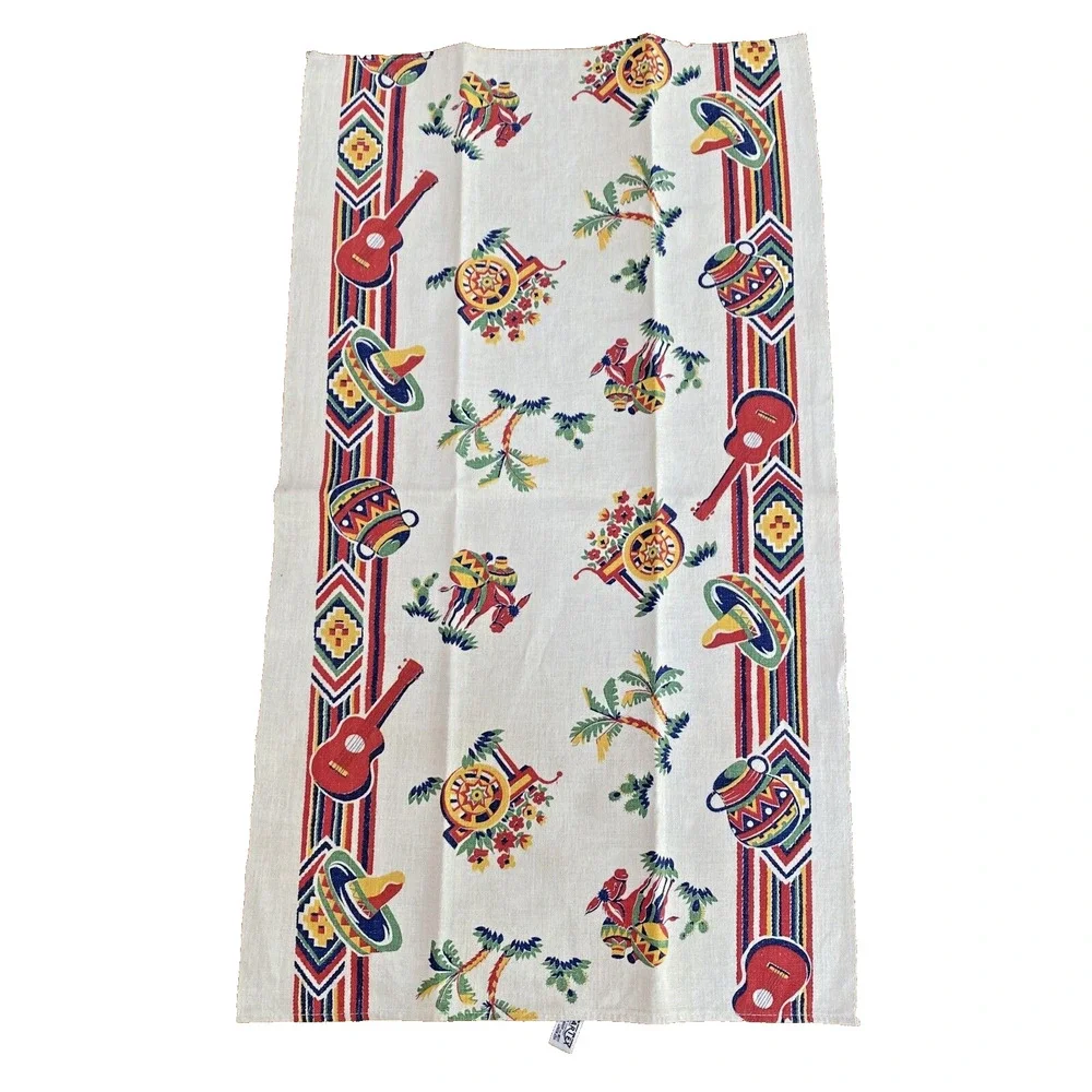 Vintage Startex Mills Cotton Linen Tea Towel Beige Red Blue Southwestern Print